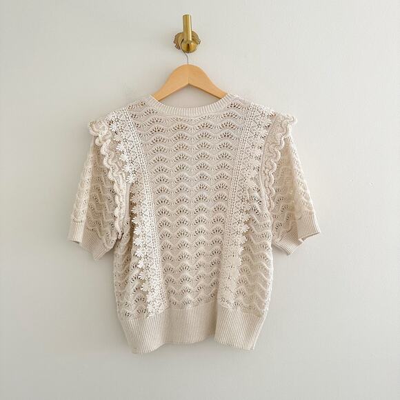 Anthropologie Kachel Shimmer Crochet Sweater Tee Cream M - Picture 5 of 11